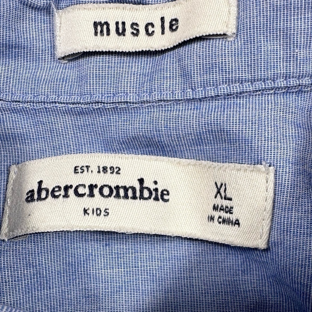 Abercrombie Kids Blue Long Sleeve Muscle Button Front Moose Logo Oxford Shirt - Picture 6 of 7